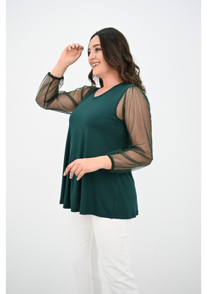 Kadın Büyük Beden Pileli V Yaka Tül Detaylı Bluz 1857-25 modelleri