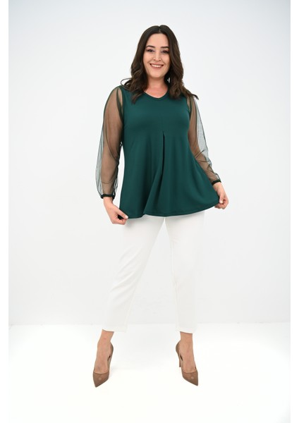 Kadın Büyük Beden Pileli V Yaka Tül Detaylı Bluz 1857-25 fırsatları