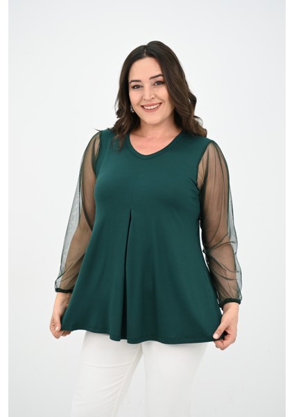 Kadın Büyük Beden Pileli V Yaka Tül Detaylı Bluz 1857-25 indirimleri
