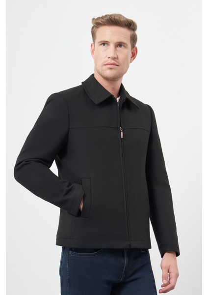 Siyah Kaşe Bebe Yaka Düz Yırtmaçsız Tam Astar Slim Fit Classic Mont 1007245121