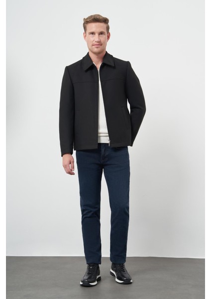 Siyah Kaşe Bebe Yaka Düz Yırtmaçsız Tam Astar Slim Fit Classic Mont 1007245121