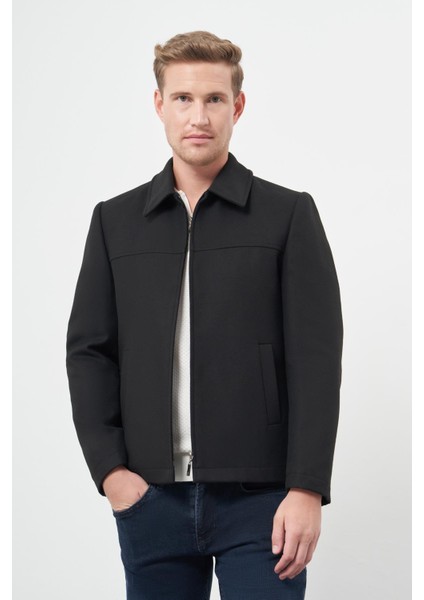 Siyah Kaşe Bebe Yaka Düz Yırtmaçsız Tam Astar Slim Fit Classic Mont 1007245121