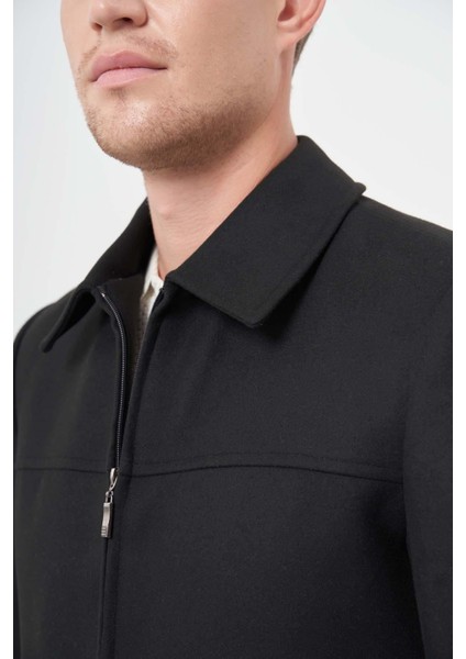 Siyah Kaşe Bebe Yaka Düz Yırtmaçsız Tam Astar Slim Fit Classic Mont 1007245121