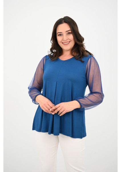 Kadın Büyük Beden Pileli V Yaka Tül Detaylı Bluz 1857-25