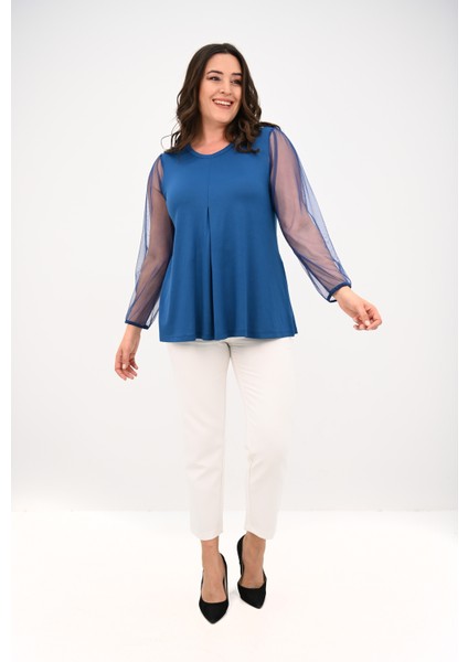 Kadın Büyük Beden Pileli V Yaka Tül Detaylı Bluz 1857-25 modelleri