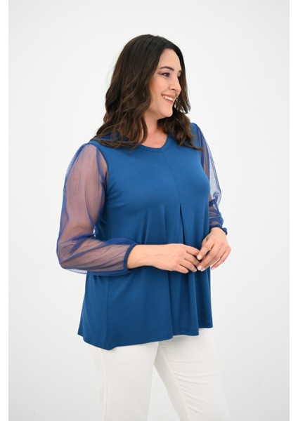 Kadın Büyük Beden Pileli V Yaka Tül Detaylı Bluz 1857-25 fırsatları