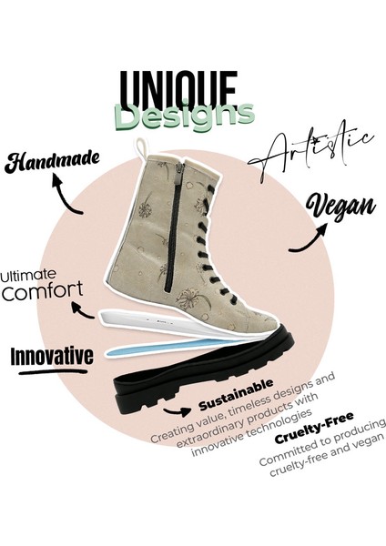 Kadın Vegan Deri Bej Fermuarlı Uzun Bot - There is always Hope Tasarım