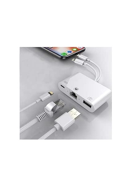 3 In1 Şarj Adaptörü Lightning Type-C Girişini Kamera Fotoğraf Makinesi Lan Ethernet Girişine Çevirici Dönüştürücü Tip-C RJ45 Girişli Iphone ile Uyumlu ZR814