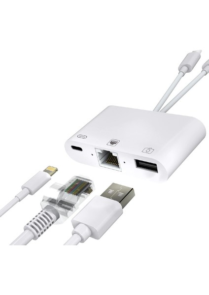 3 In1 Şarj Adaptörü Lightning Type-C Girişini Kamera Fotoğraf Makinesi Lan Ethernet Girişine Çevirici Dönüştürücü Tip-C RJ45 Girişli Iphone ile Uyumlu ZR814