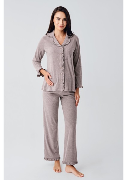 Kadın Uzun Kollu Esnek Pamuklu Kumaş Hamile Pijama Takım 22112