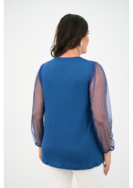 Kadın Büyük Beden Pileli V Yaka Tül Detaylı Bluz 1857-25 indirimleri