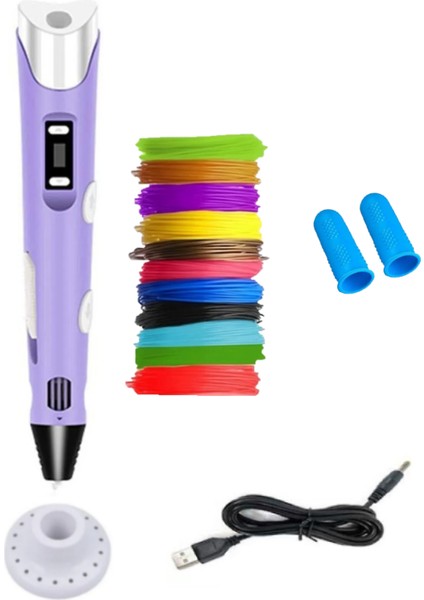 3D Kalem USB Kablolu Üç Boyutlu Yazıcı Kalem Printer-Mor (10 Adet 5m Filament -50METRE-)