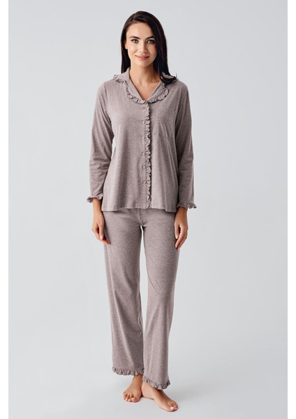 Kadın Uzun Kollu Esnek Pamuklu Kumaş Hamile Pijama Takım 22112
