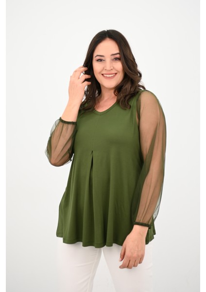 Kadın Büyük Beden Pileli V Yaka Tül Detaylı Bluz 1857-25 modelleri