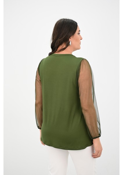 Kadın Büyük Beden Pileli V Yaka Tül Detaylı Bluz 1857-25 indirimleri