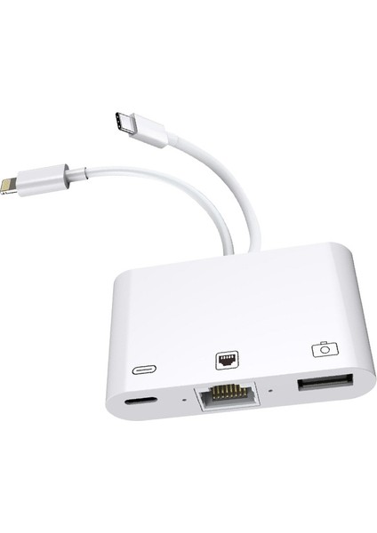 3 In1 Şarj Adaptörü Lightning Type-C Girişini Kamera Fotoğraf Makinesi Lan Ethernet Girişine Çevirici Dönüştürücü Tip-C RJ45 Girişli Iphone ile Uyumlu ZR814