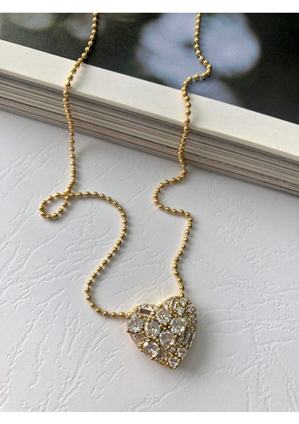 Baget Taşlı Kalp Gold Zincir Kolye