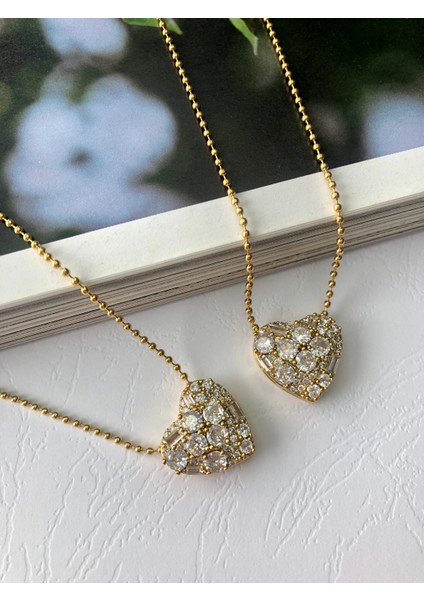 Baget Taşlı Kalp Gold Zincir Kolye