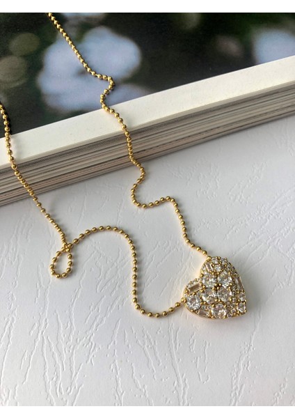 Baget Taşlı Kalp Gold Zincir Kolye