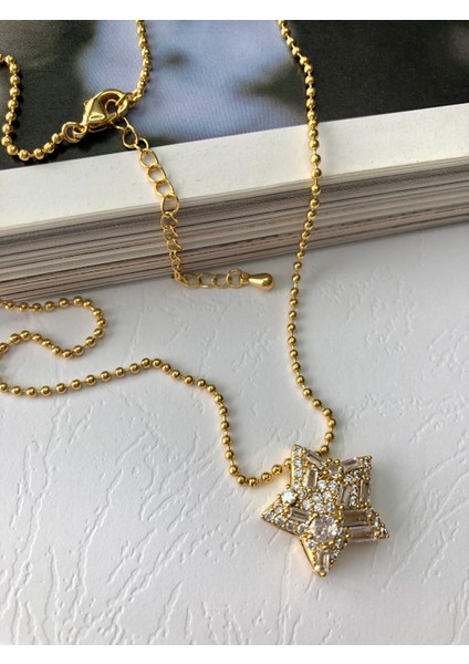 Baget Taşlı Yıldız Gold Zincir Kolye modelleri