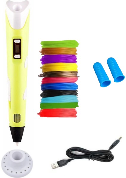 3D Kalem USB Kablolu Üç Boyutlu Yazıcı Kalem Printer-Sarı (20 Adet 5m Filament -100METRE-)