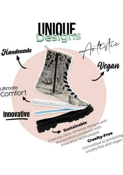 Kadın Vegan Deri Gri Fermuarlı Uzun Bot - Spooky Town Tasarım