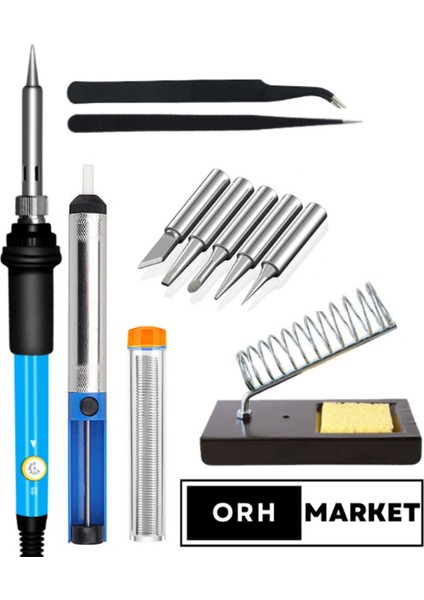 60W Sıcaklık Ayarlı Lehim Seti – Havya, Stand, Cımbız, Lehim Pompası ve 5 Uçlu Komple Takım