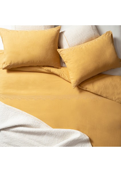 Mıno Nakışlı Kıng Sıze Pamuk Keten Nevresim Seti 240X220 cm Sarı