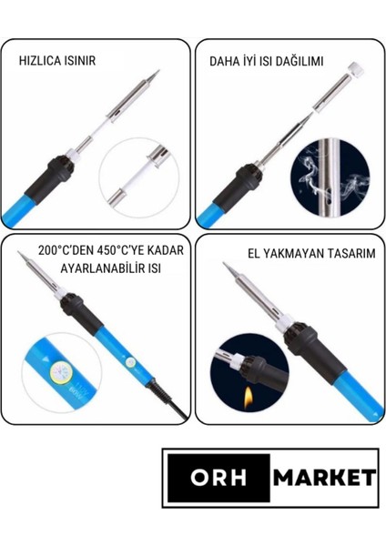 60W Lehimleme Seti – Sıcaklık Ayarlı Havya, Stand, Lehim Pompası, Pasta ve Elektrik Bandı modelleri