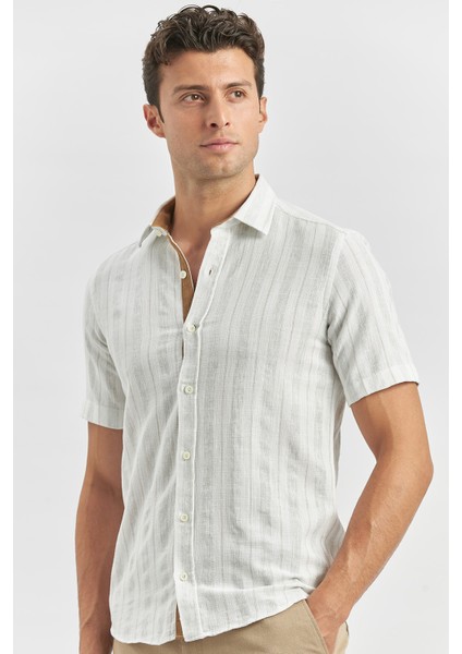 Bej Kısa Kollu Çizgili Armürlü Pamuklu Casual Slim Fit Dar Kesim Gömlek 1004240245 fiyatları