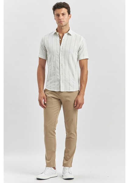 Bej Kısa Kollu Çizgili Armürlü Pamuklu Casual Slim Fit Dar Kesim Gömlek 1004240245 modelleri