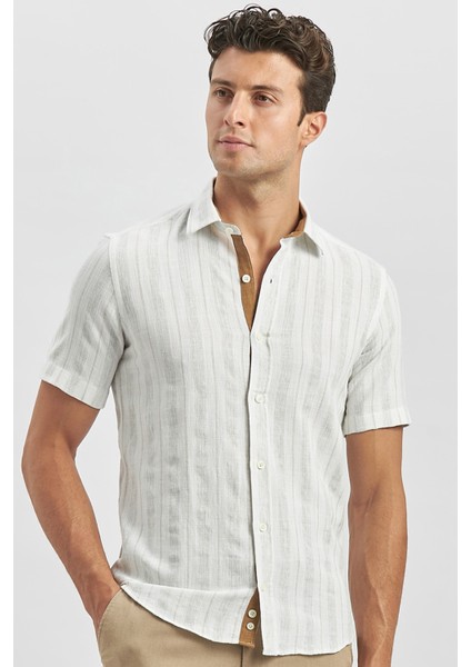 Bej Kısa Kollu Çizgili Armürlü Pamuklu Casual Slim Fit Dar Kesim Gömlek 1004240245 fırsatları