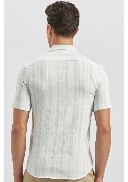 Bej Kısa Kollu Çizgili Armürlü Pamuklu Casual Slim Fit Dar Kesim Gömlek 1004240245 indirimleri