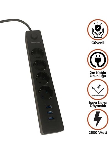 Termal Akım Korumalı 4 Priz 3 USB Girişli Uzatma Kablosu Güç & Şarj