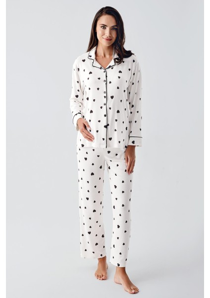 Uzun Kollu Düğmeli Kalp Desenli Esnek Şardonlu Hamile Pijama Takım