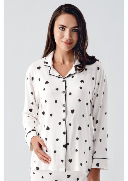 Uzun Kollu Düğmeli Kalp Desenli Esnek Şardonlu Hamile Pijama Takım