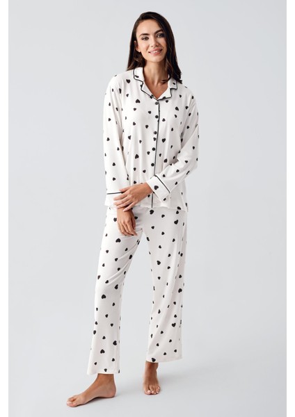 Uzun Kollu Düğmeli Kalp Desenli Esnek Şardonlu Hamile Pijama Takım