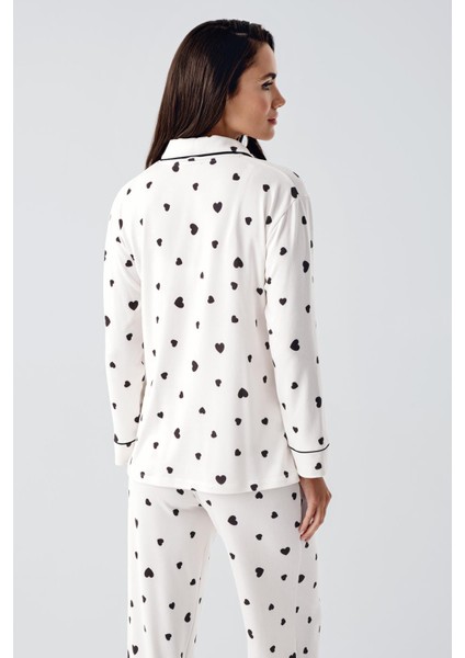 Uzun Kollu Düğmeli Kalp Desenli Esnek Şardonlu Hamile Pijama Takım
