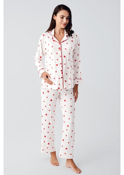 Uzun Kollu Düğmeli Kalp Desenli Esnek Şardonlu Hamile Pijama Takım
