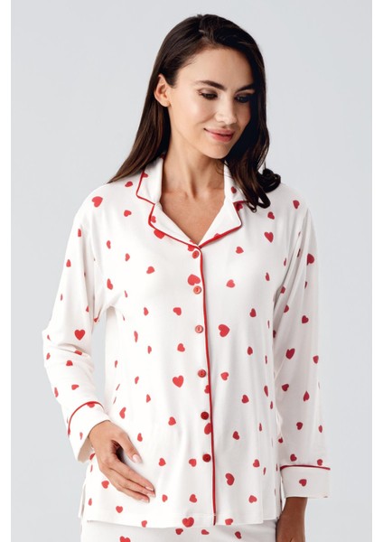 Uzun Kollu Düğmeli Kalp Desenli Esnek Şardonlu Hamile Pijama Takım