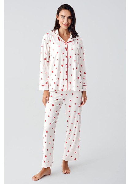 Uzun Kollu Düğmeli Kalp Desenli Esnek Şardonlu Hamile Pijama Takım modelleri