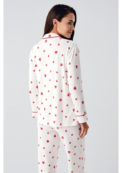 Uzun Kollu Düğmeli Kalp Desenli Esnek Şardonlu Hamile Pijama Takım indirimleri