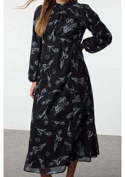 Moda Stil Regular Dik Yaka Maxi Boy Tesettür Şifon Çiçek Desenli Dokuma Elbise