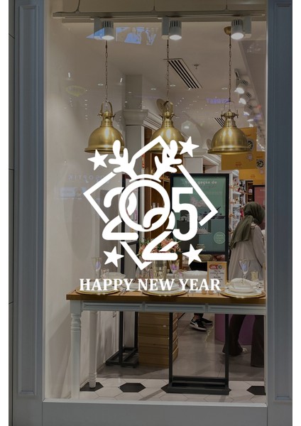 Çerçeve Içinde Happy New Year 2025 Yazısı Yılbaşı Süslemeleri Yeni Yıl Vitrin Cam Sticker