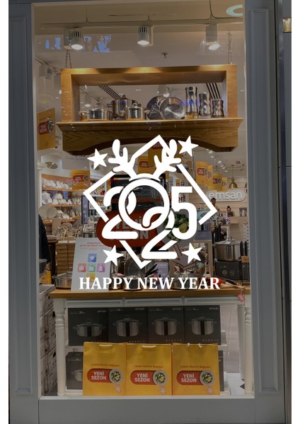 Çerçeve Içinde Happy New Year 2025 Yazısı Yılbaşı Süslemeleri Yeni Yıl Vitrin Cam Sticker