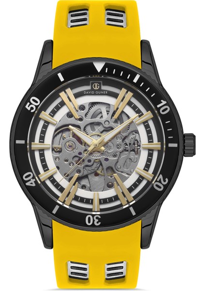 Davıd Guner Siyah Kadranlı Gümüş Siyah Kaplama Otomatik Sarı Silikon Kayışlı Erkek Kol Saati