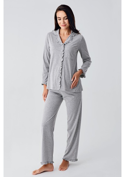 Kadın Uzun Kollu Esnek Pamuklu Kumaş Hamile Pijama Takım 22112