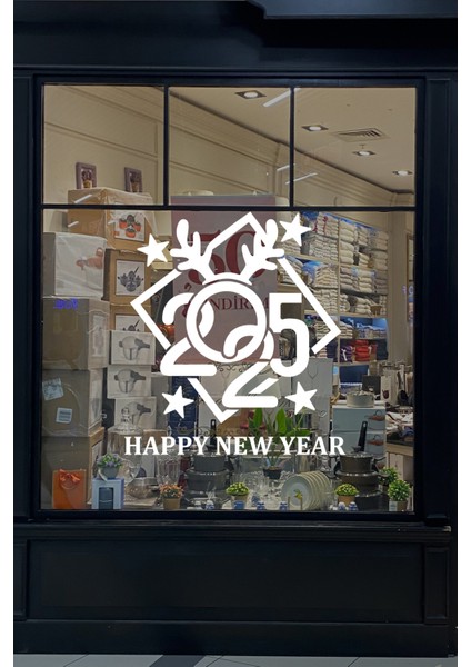 Çerçeve Içinde Happy New Year 2025 Yazısı Yılbaşı Süslemeleri Yeni Yıl Vitrin Cam Sticker