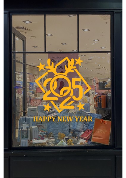 Çerçeve Içinde Happy New Year 2025 Yazısı Yılbaşı Süslemeleri Yeni Yıl Vitrin Cam Sticker