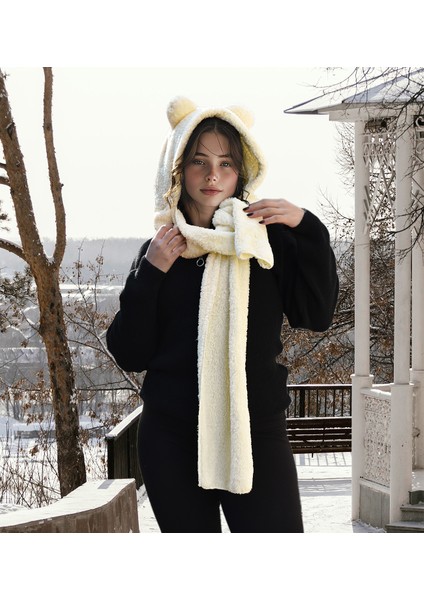 Harika Peluş Kapşonlu Welsoft Peluş Bere - Atkılı - Polar Boyunluk Şalı - Rüzgar Geçirmez Kulaklı Şapka